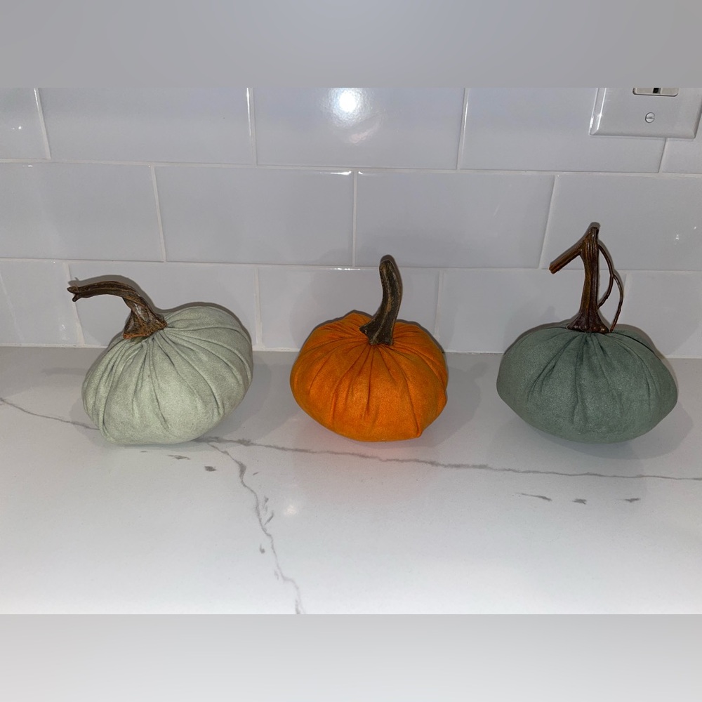 Three pumpkins, small faux suede pumpkins, blue and orange fabric pumpkins